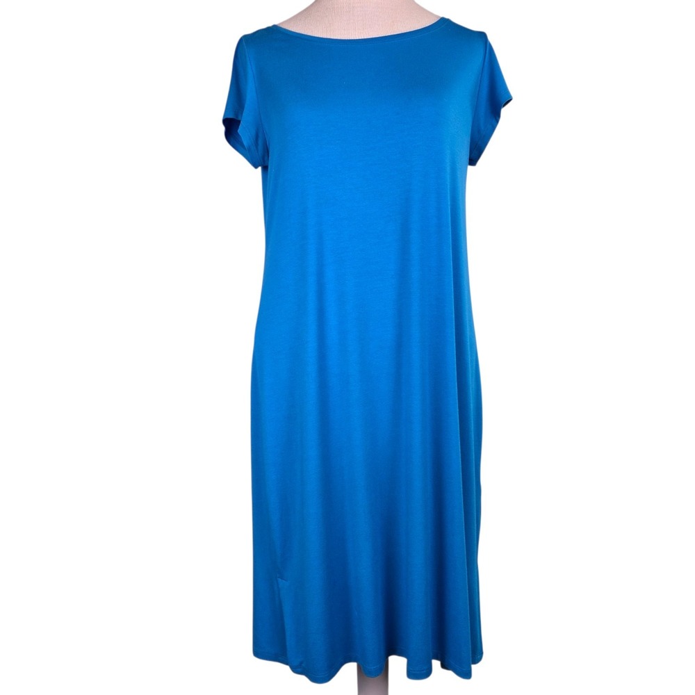 Eileen Fisher Women's Blue Midi Dress S Stretch Cap Sleeve Minimal Lux Comfy‎